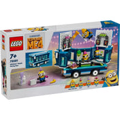 A LEGO Minions: Minyonok zenés partibusza (75581) színes doboza, rajta a kinyitható busz látványos grafikai ábrázolásával, a négy minyon karakterrel és a Despicable Me 4 logóval.