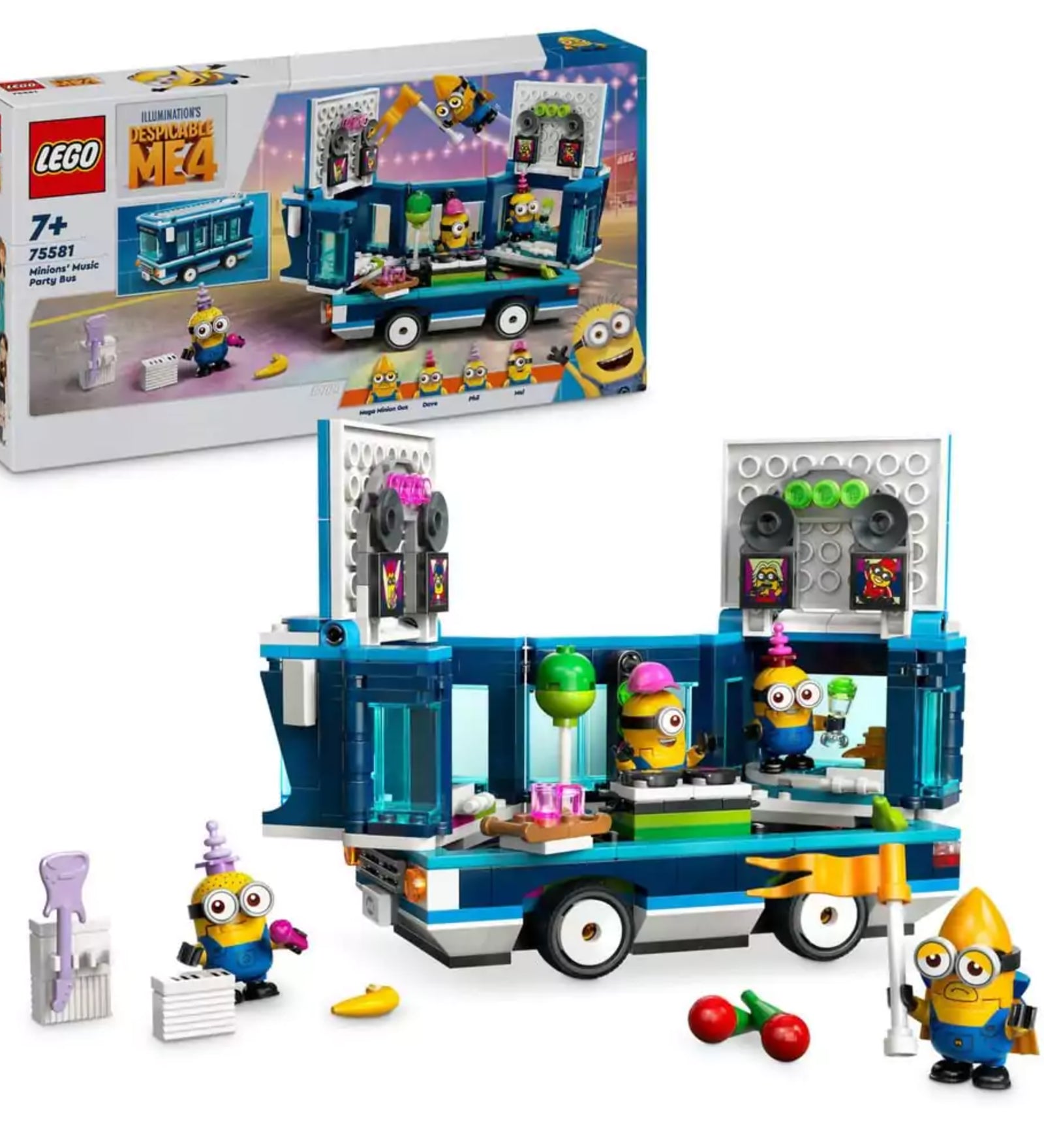 A LEGO Minions: Minyonok zenés partibusza (75581) készlet kibontva, a kék és fehér színű busz DJ pulttal, hangfalakkal és négy minyon figurával látható. A háttérben a színes doboz található.