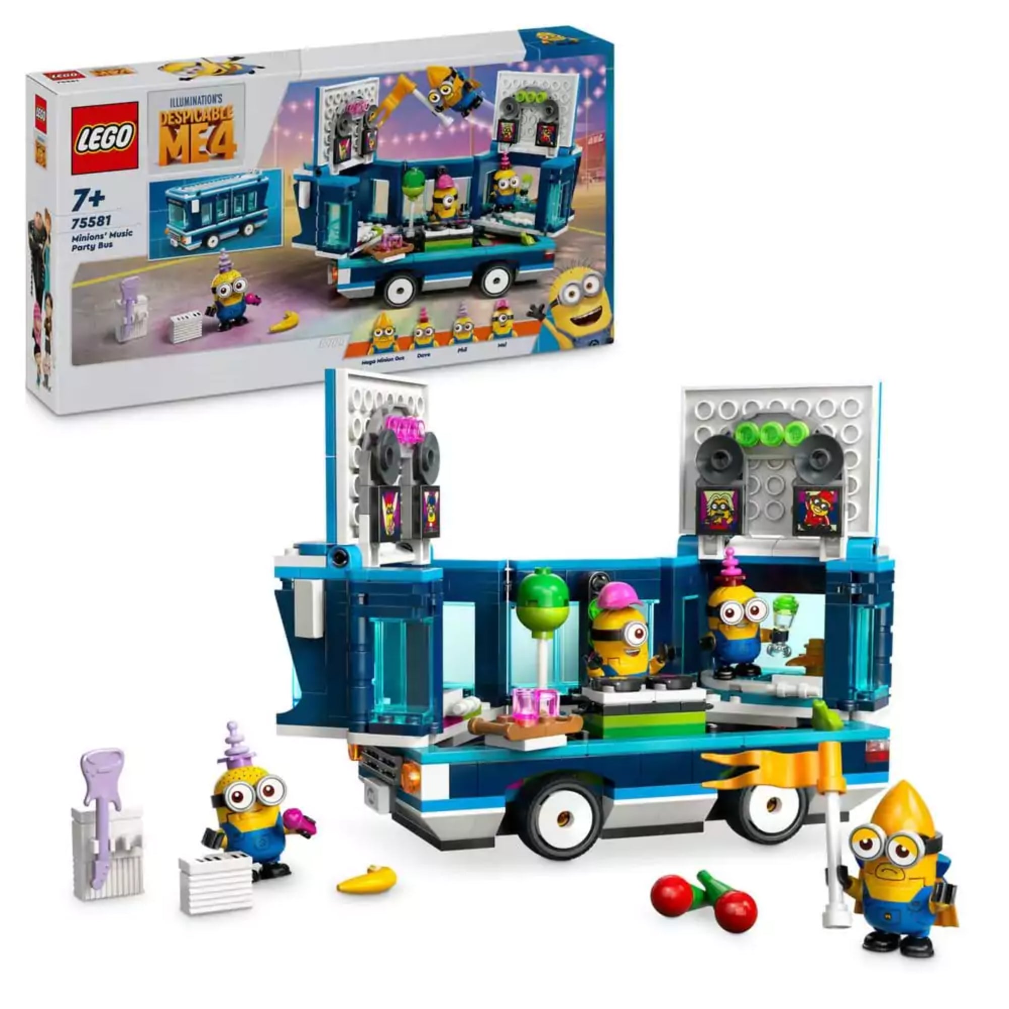 A LEGO Minions: Minyonok zenés partibusza (75581) készlet kibontva, a kék és fehér színű busz DJ pulttal, hangfalakkal és négy minyon figurával látható. A háttérben a színes doboz található.