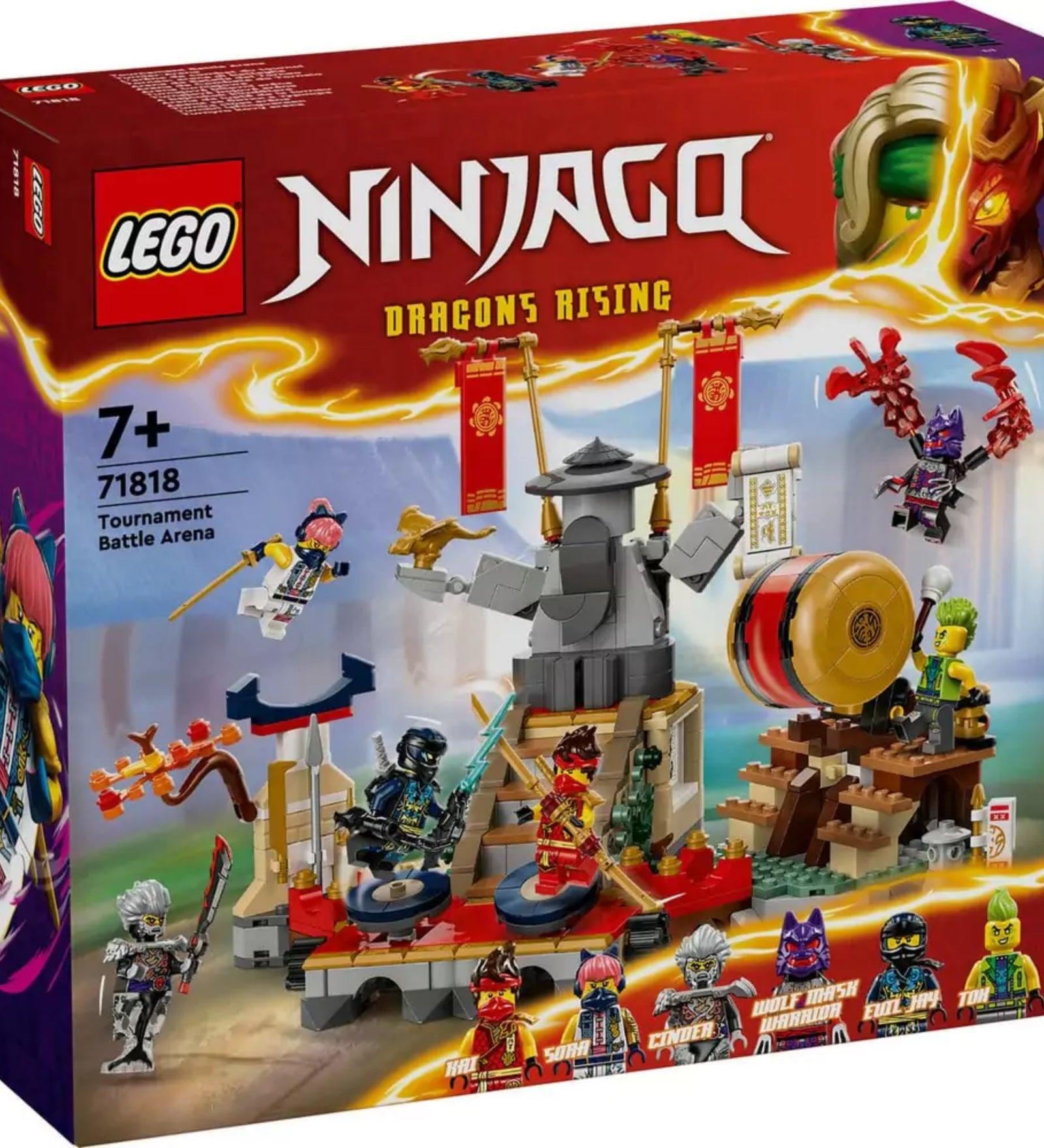 LEGO NINJAGO A bajnokok küzdőtere (71818) készlet doboza szemből, élénk színekkel, harci aréna és 6 minifigura illusztrációjával