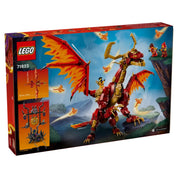 A LEGO NINJAGO 71822 készlet dobozának hátoldala, a sárkány méreteit, funkcióit és részleteit bemutató képekkel.