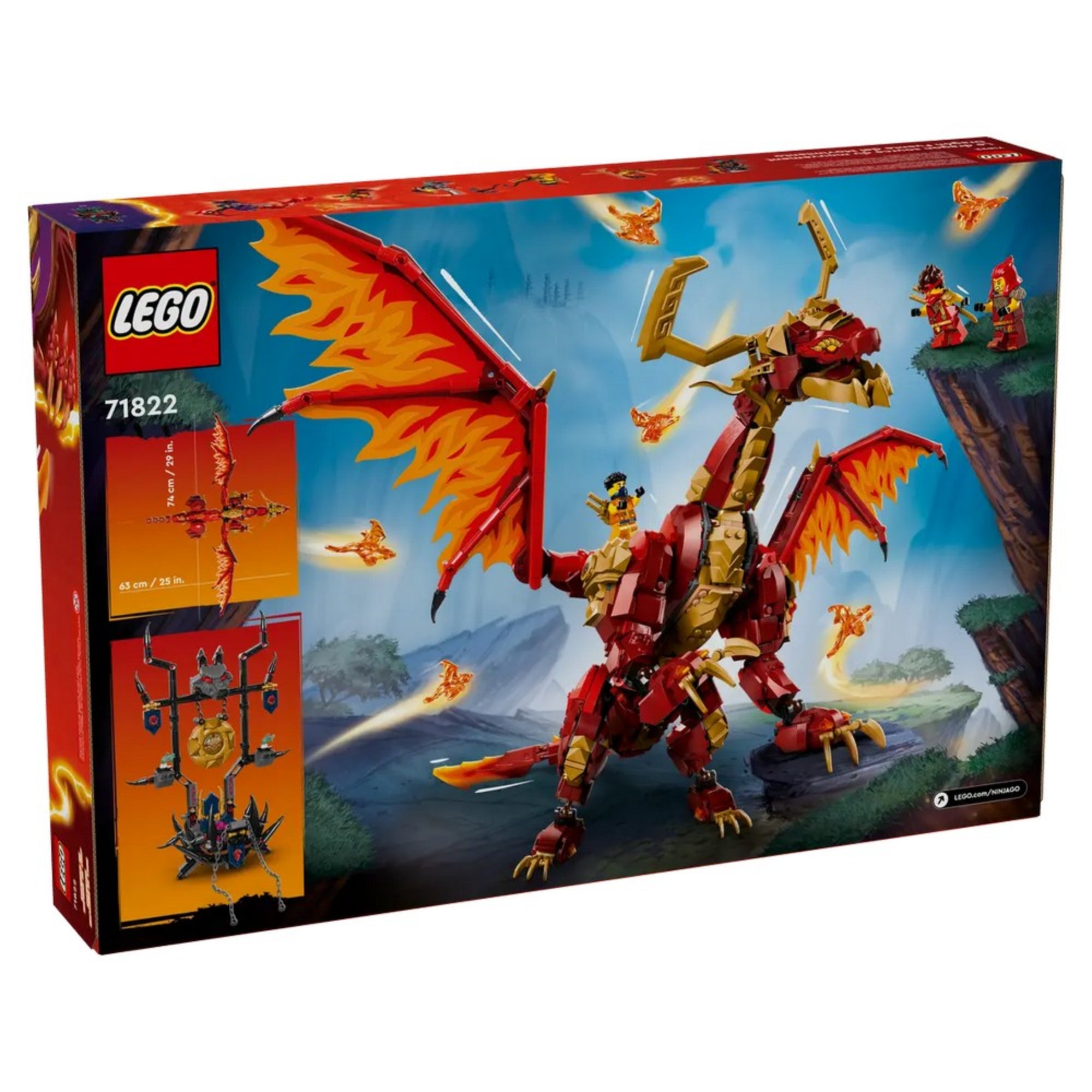 A LEGO NINJAGO 71822 készlet dobozának hátoldala, a sárkány méreteit, funkcióit és részleteit bemutató képekkel.