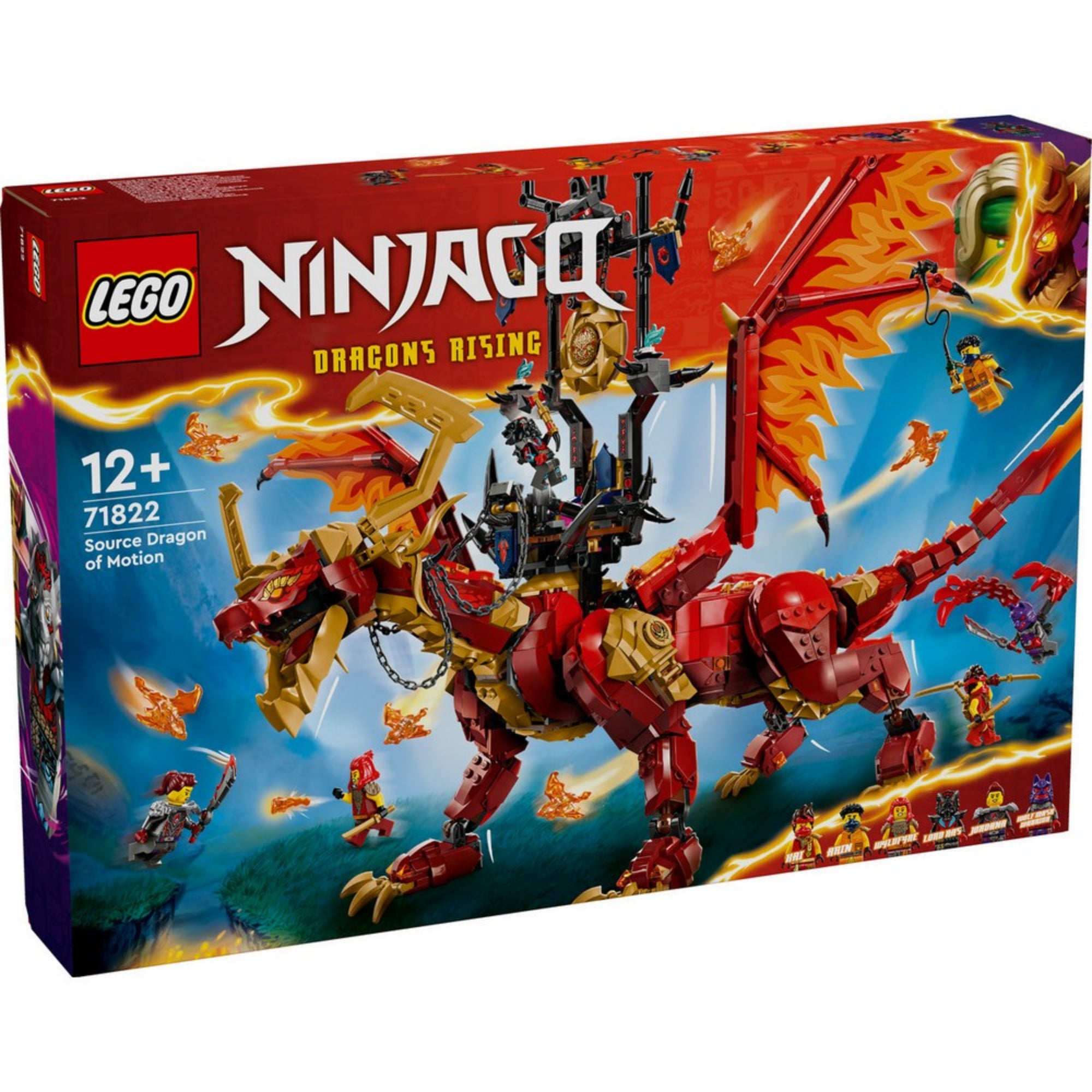 A LEGO NINJAGO A mozgás eredendő sárkánya (71822) dobozának elölnézete, látványos illusztrációval, minifigurákkal és a 12+ korosztályi ajánlással.