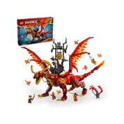 A LEGO NINJAGO 71822 készlet doboza és a teljes sárkány összeállítás, hat minifigurával és tüzes szárnyú mini sárkányokkal körülvéve.