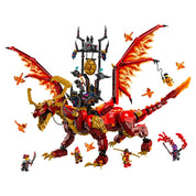 Részletesen kidolgozott, piros-arany LEGO NINJAGO sárkány mozgatható végtagokkal, lángnyelvekkel díszített szárnyakkal és harci toronnyal a hátán, körülötte hat minifigura és több lángoló sárkány.