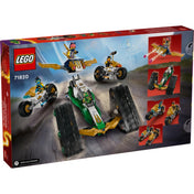 A LEGO NINJAGO 71820 szett dobozának hátoldala, amely bemutatja a jármű kombinálható elemeit: a lánctalpas, motorok és repülő rész szétválasztható és külön is használható.