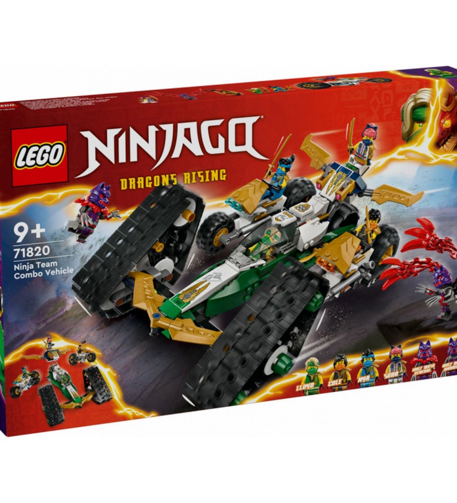 A LEGO NINJAGO 71820 szett doboza elölnézetből, élénk piros háttérrel, a fő jármű és a hat mellékelt minifigura látványos grafikájával.