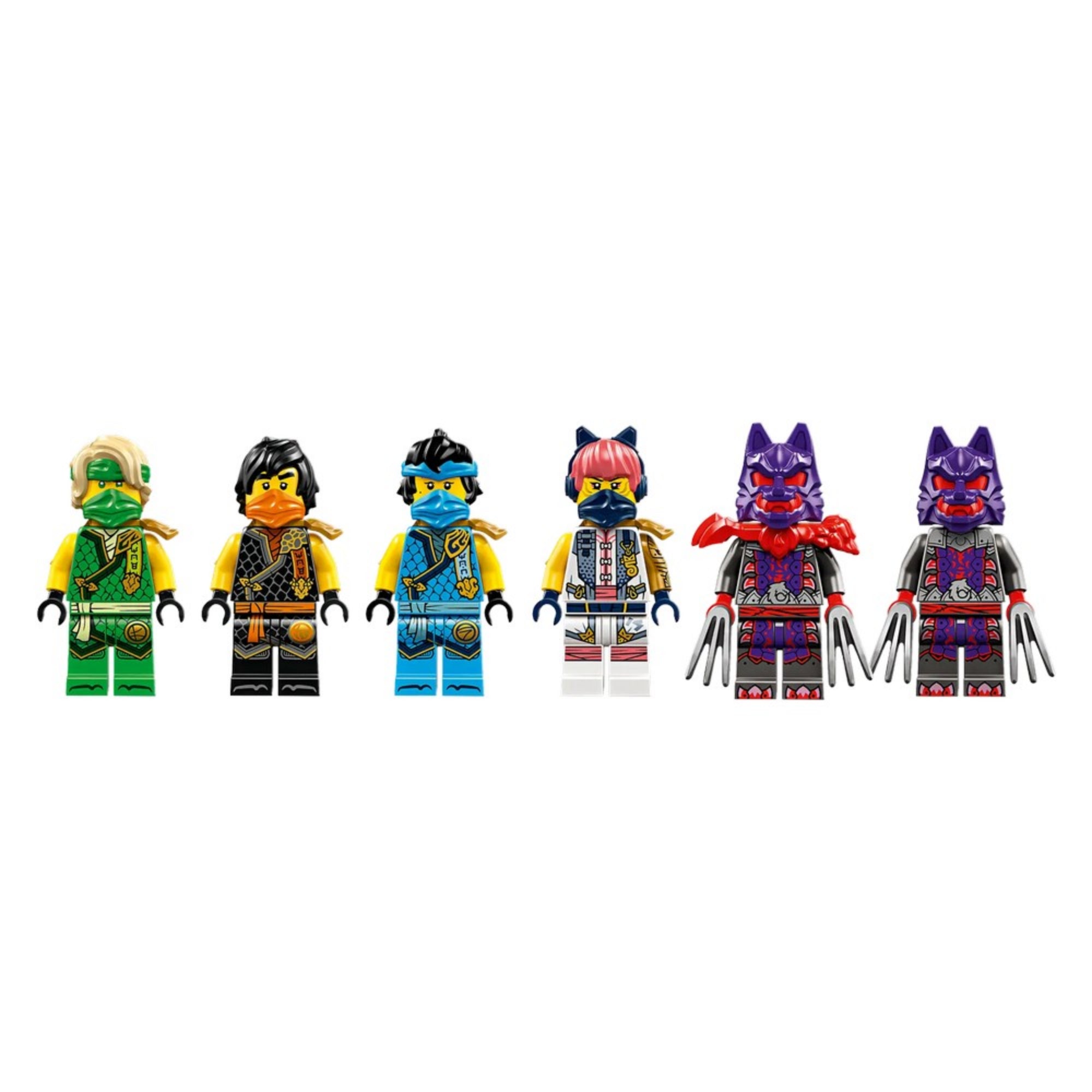 Hat LEGO NINJAGO minifigura: négy nindzsa (Lloyd, Cole, Jay, Arin) és két gonosztevő, részletes ruházattal és maszkokkal.