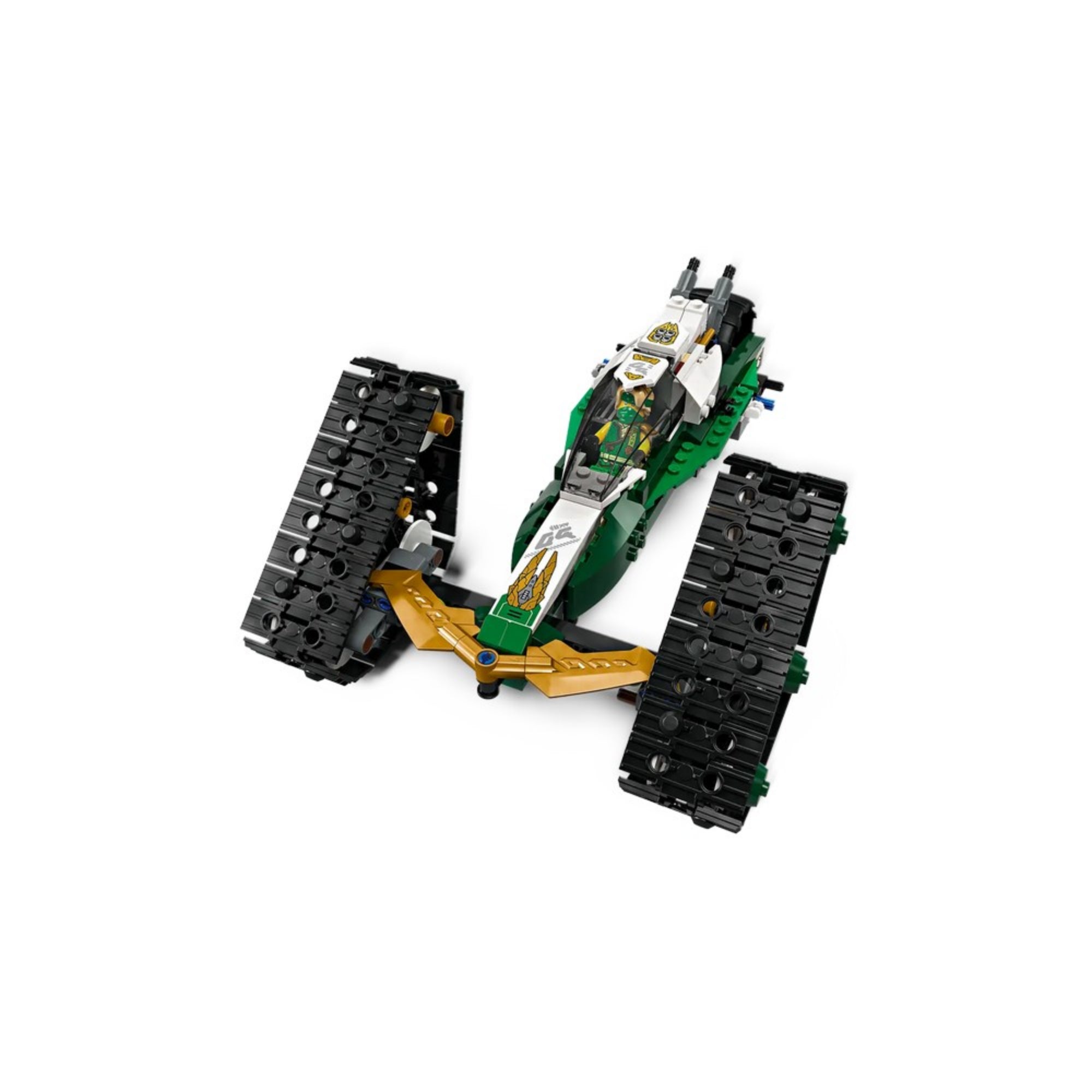 A LEGO NINJAGO lánctalpas jármű zöld-fehér-arany színösszeállításban, pilótafülkével és masszív fekete lánctalpakkal.