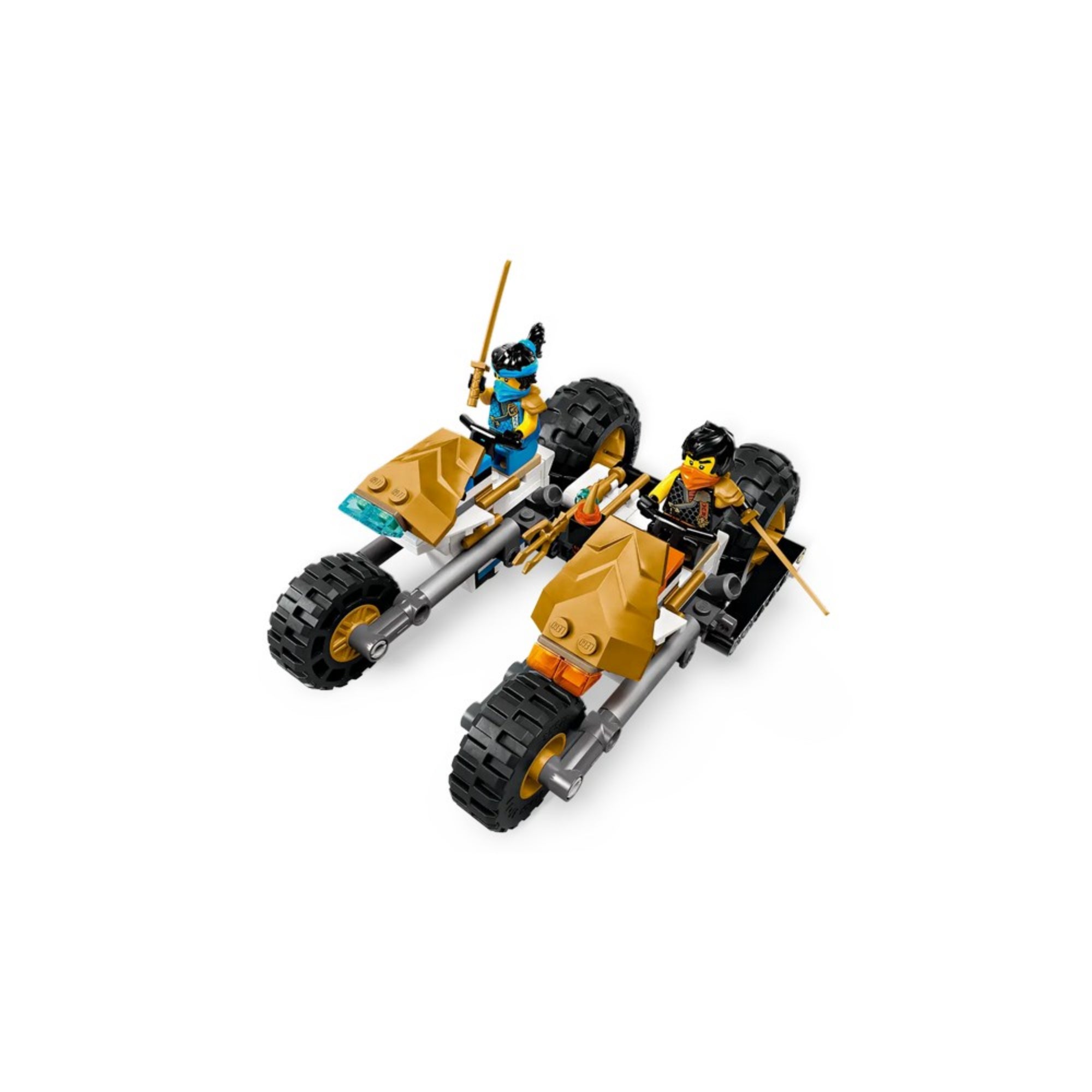 Két LEGO NINJAGO motor, egyik Jay, másik Cole minifigurával, arany és fekete elemekkel, szürke csővázas kialakítással.