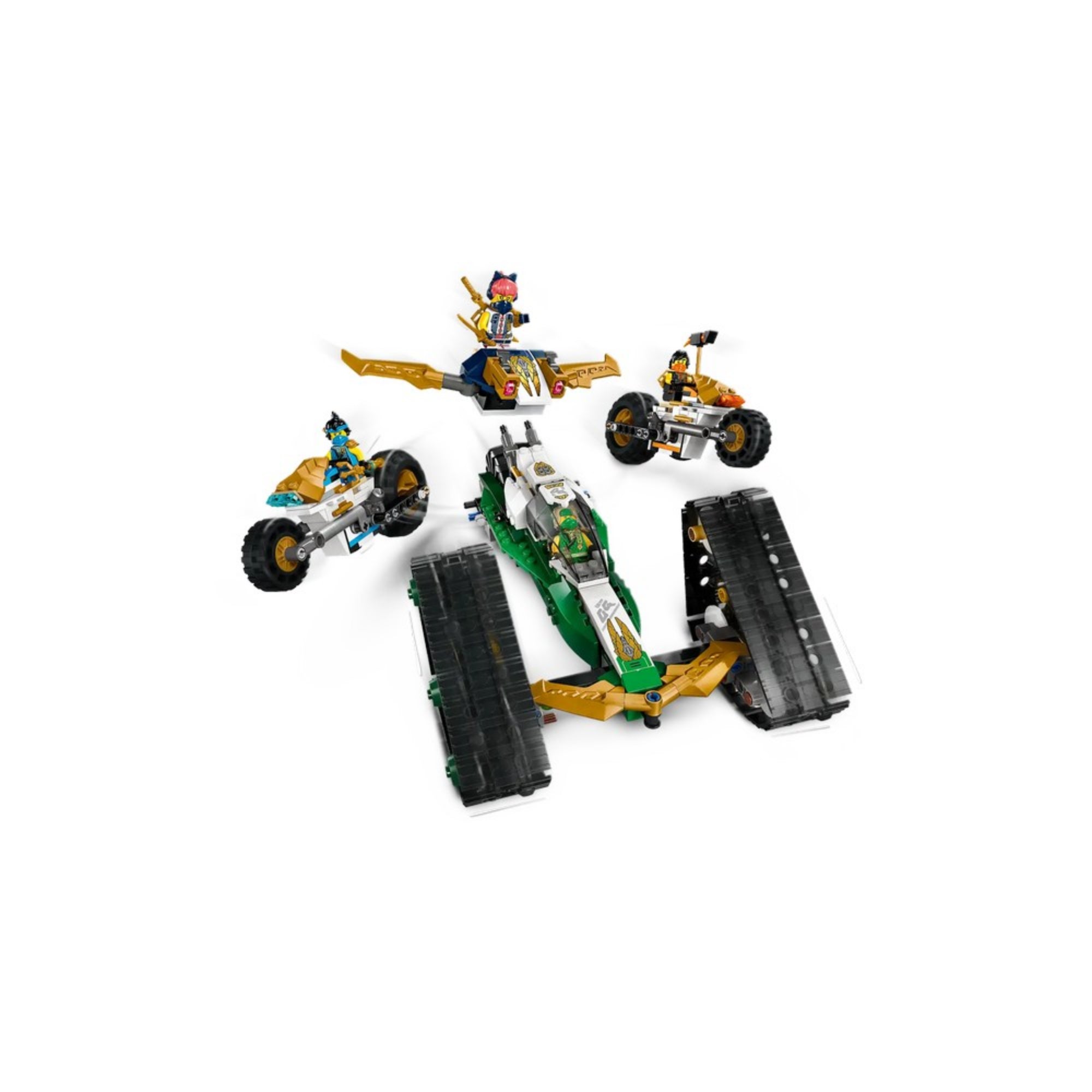 A LEGO NINJAGO kombinatív jármű darabokra szedve: két motor, lánctalpas jármű és két kis aranyszárnyas szerkezet, hat minifigurával.