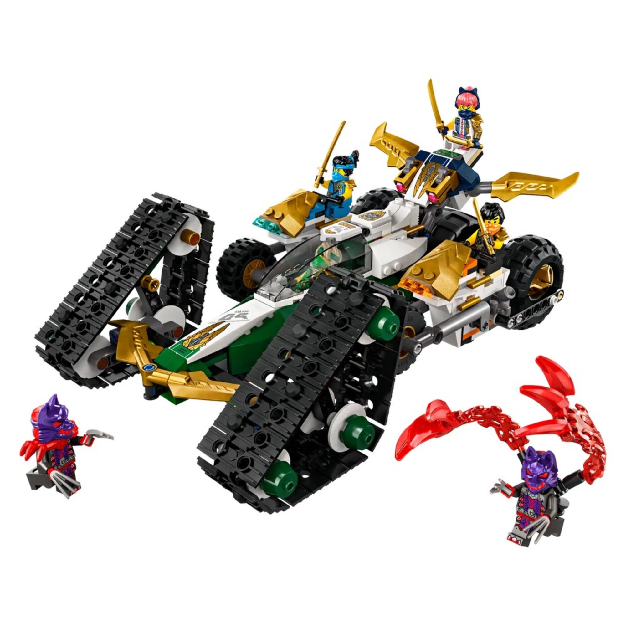 A teljesen összeállított LEGO NINJAGO kombinatív jármű lánctalpakkal, motorokkal, rajta a nindzsák és ellenfeleik minifigurái.