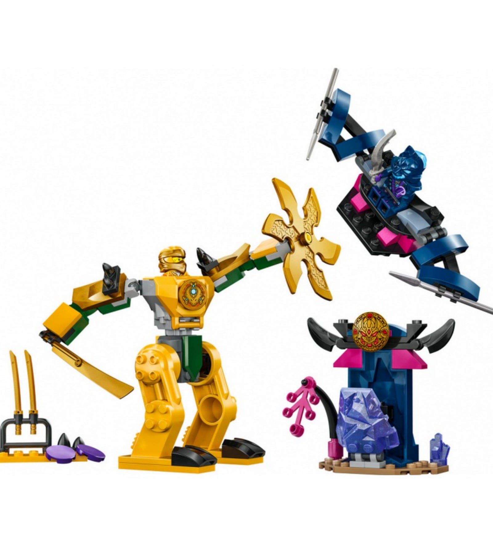 A LEGO NINJAGO Arin csatagépe (71804) teljes készlete: sárga harci robot arany fegyverrel, Arin és egy kék-fekete gonosztevő minifigura, valamint egy kisebb kristályos díszlet.