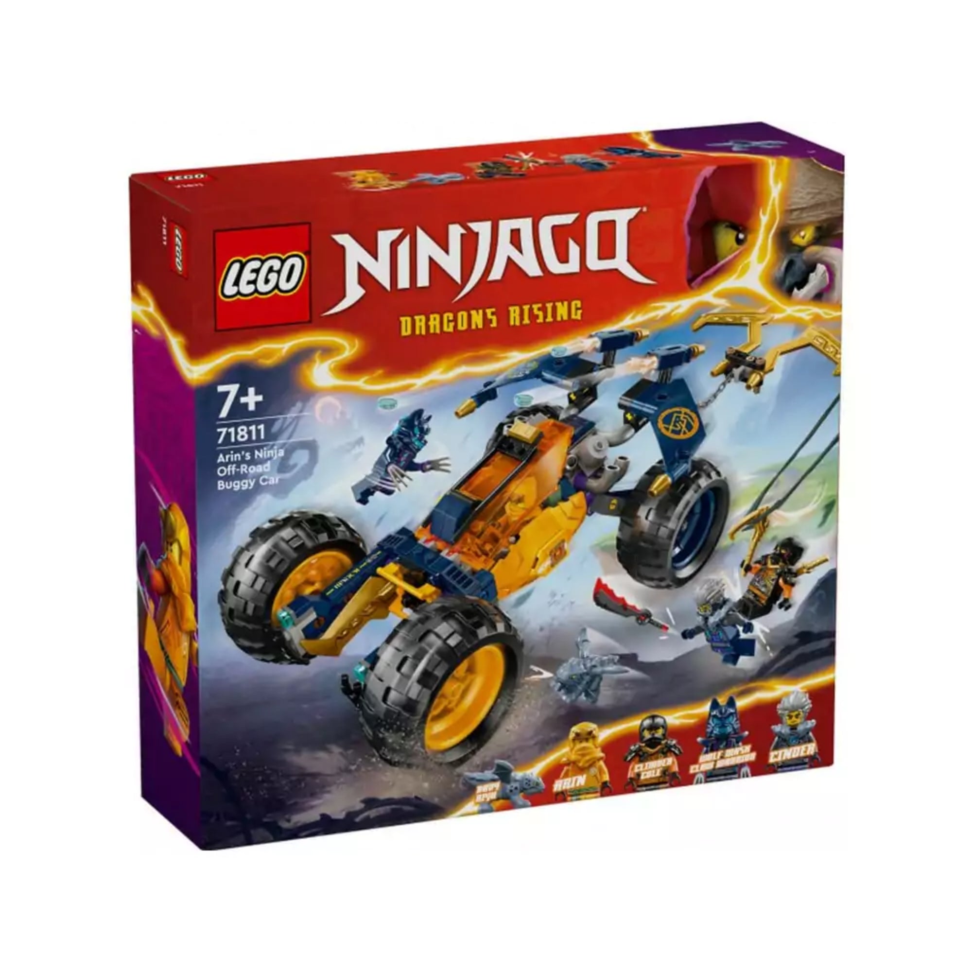 A LEGO NINJAGO Arin nindzsa homokfutója (71811) szett doboza, élénk sárga és kék buggy járművel, öt minifigurával és kalandos háttérrel illusztrálva, a Dragons Rising sorozatból.