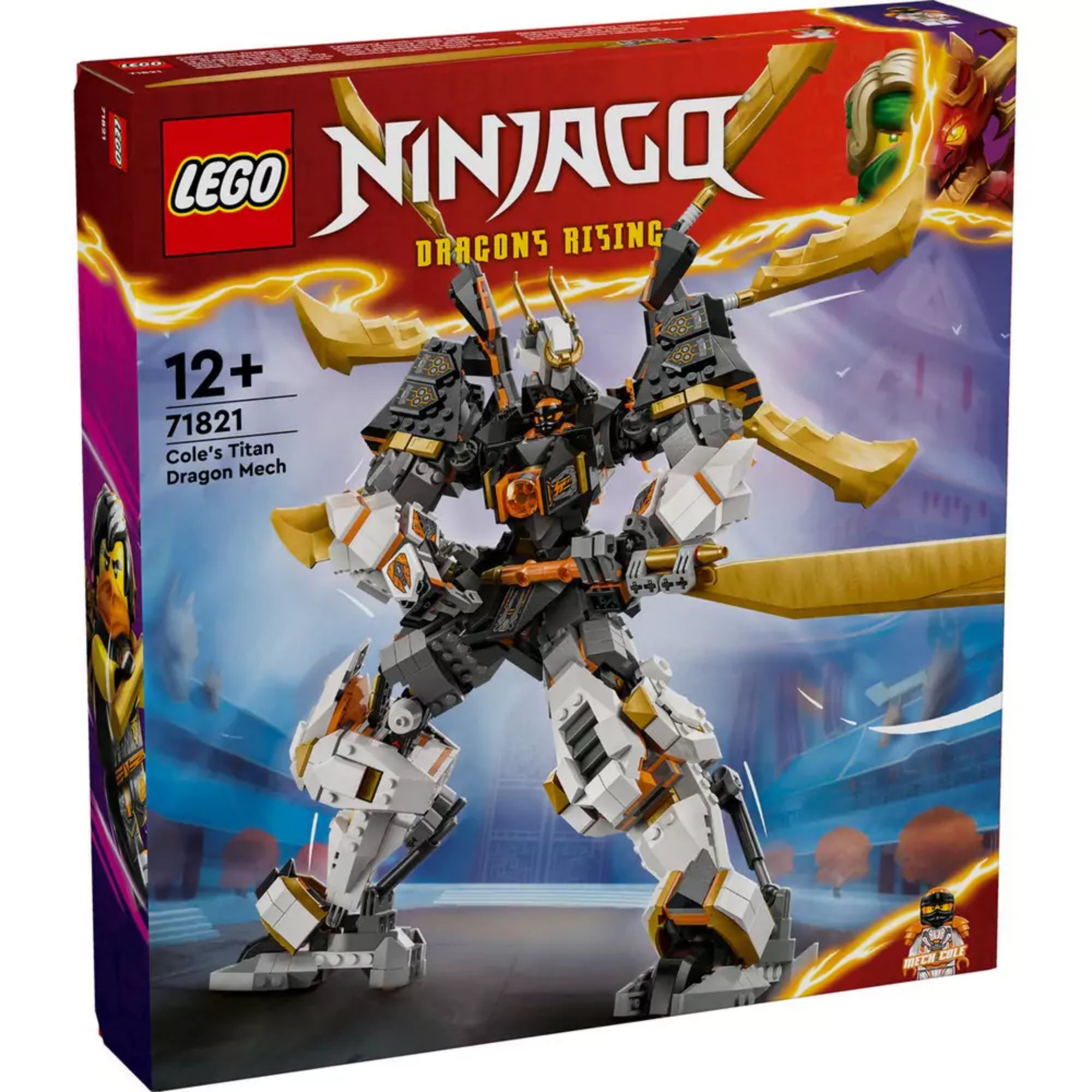 A LEGO NINJAGO Cole titánsárkány-robotja (71821) doboza elölről, rajta a robot teljes alakos illusztrációja arany és fekete színekben, NINJAGO Dragons Rising logóval.