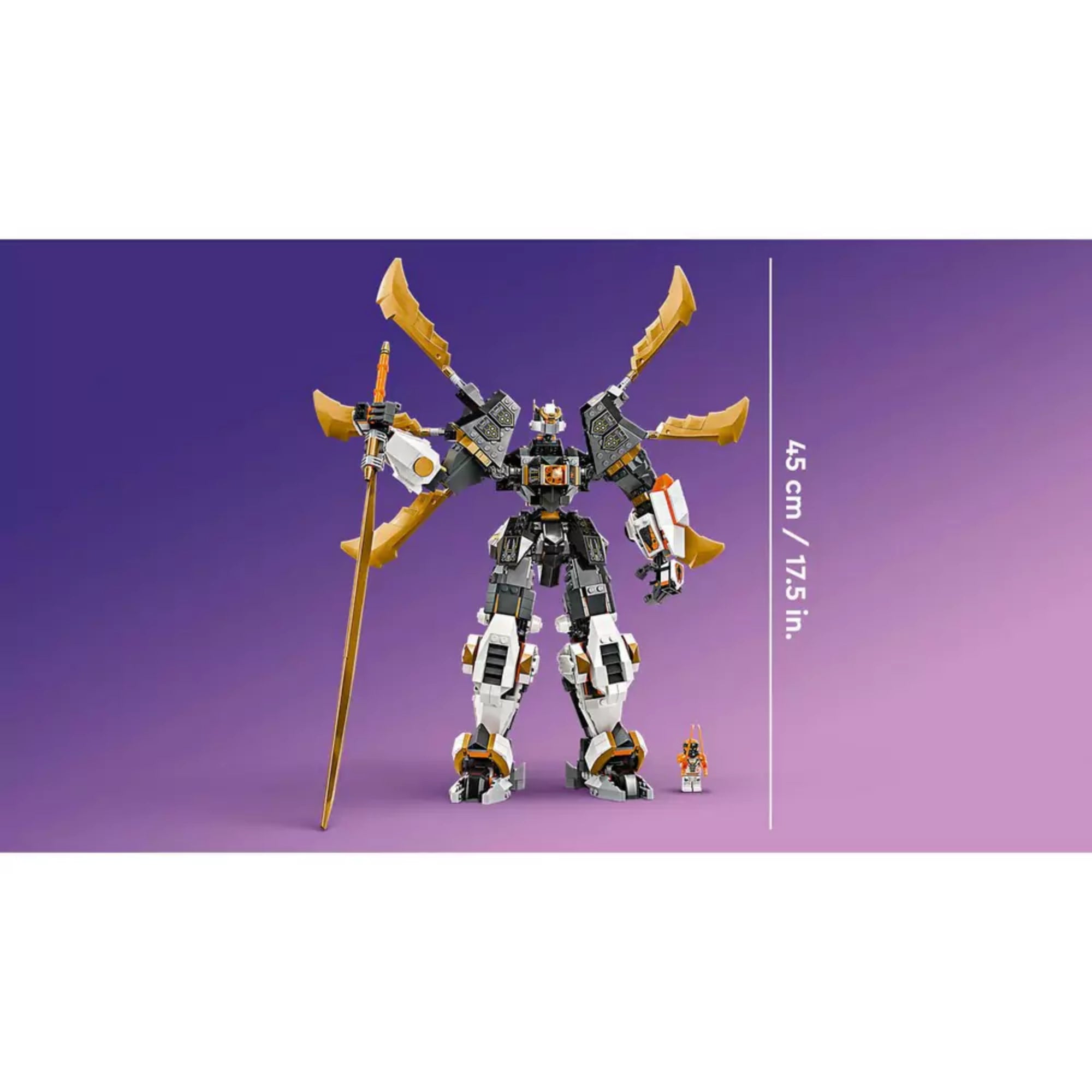 A LEGO NINJAGO Cole titánsárkány-robotja (71821) méretarányos képen, 45 cm-es magassággal, lila háttérrel és minifigurával az összehasonlításhoz.