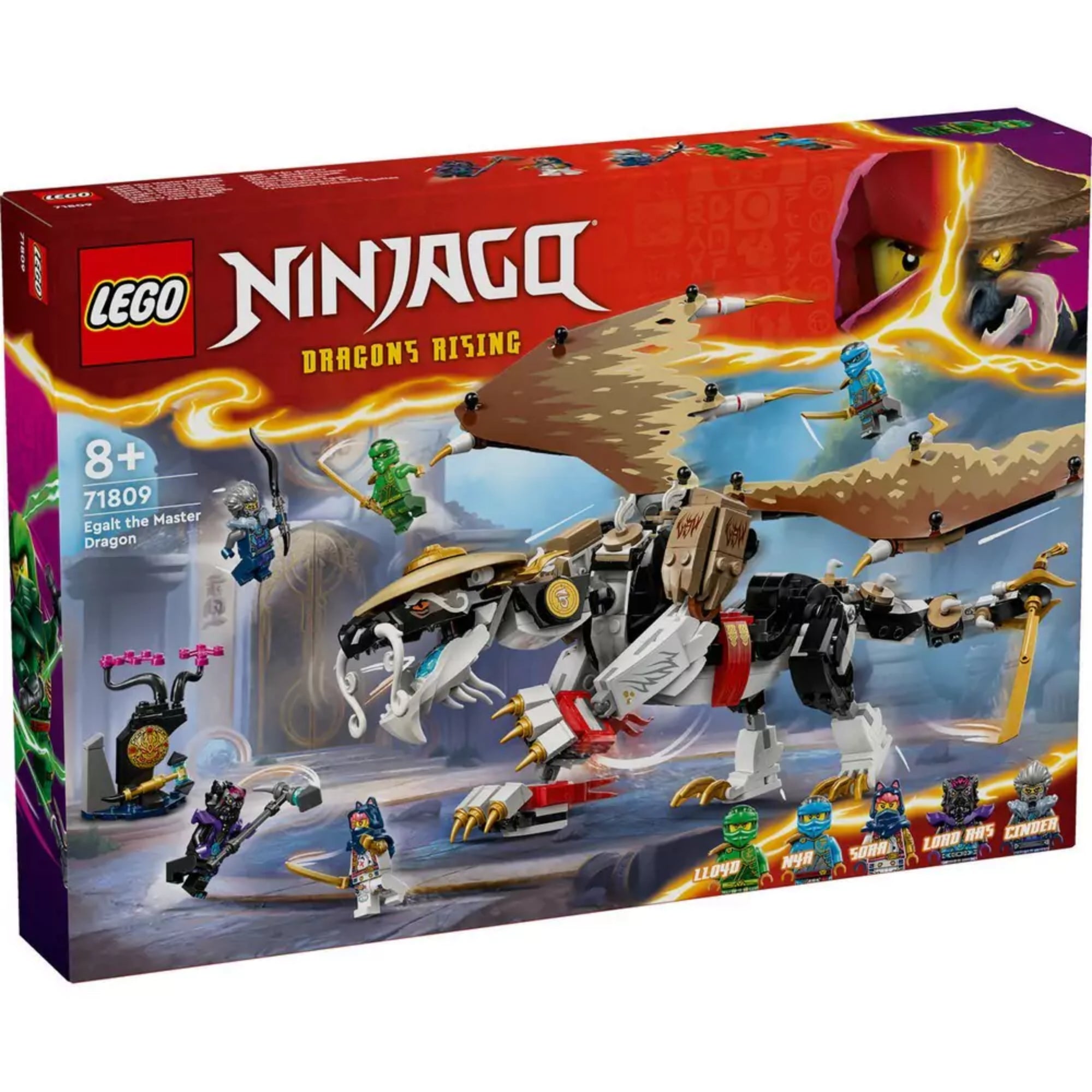 LEGO NINJAGO 71809 Egalt, a sárkánymester doboz: színes, dinamikus csomagolás sárkányrepüléssel a háttérben, a doboz alján a hat mellékelt minifigura – Lloyd, Nya, Sora, Lord Ras, Cinder és az árnyharcos.