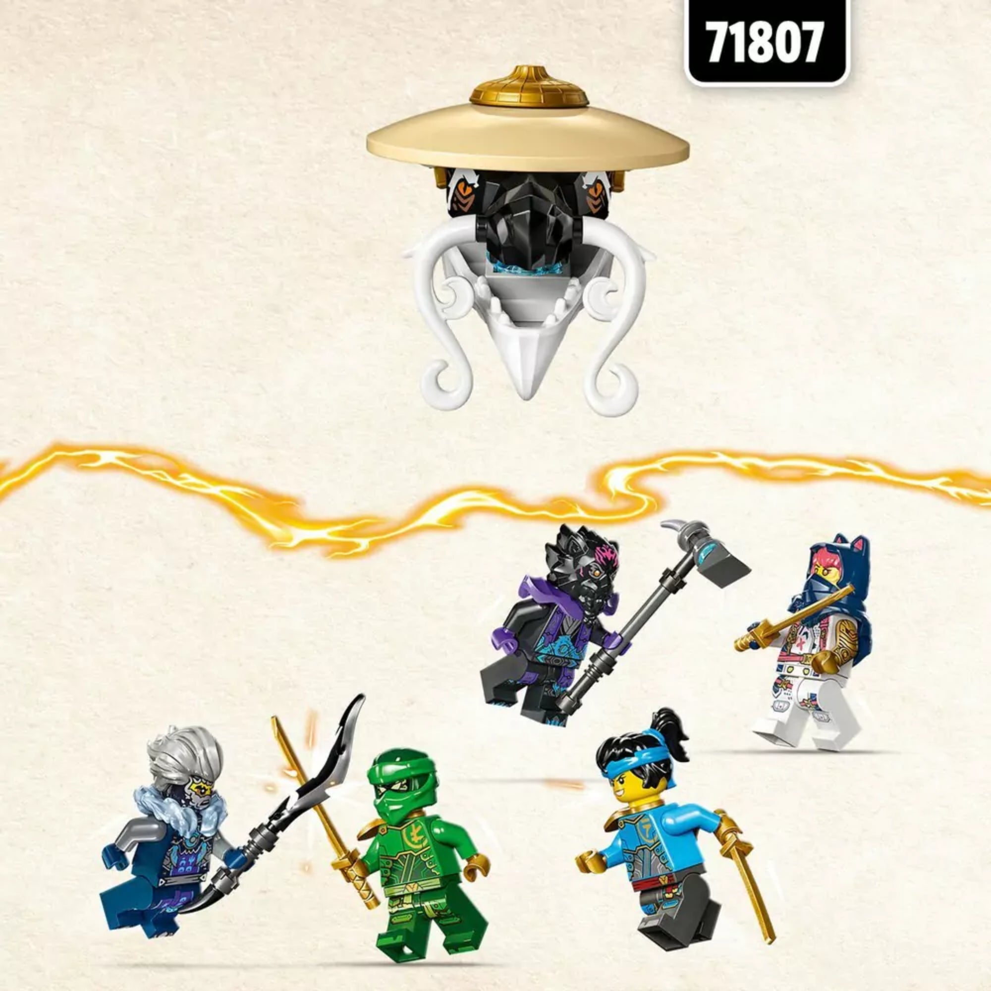 LEGO NINJAGO 71809 Egalt, a sárkánymester karakterek: középen Egalt sárkány feje arany kalappal, körülötte mind a hat minifigura – Sora, Lloyd, Nya, Lord Ras, Cinder és az árnyharcos fegyverekkel.