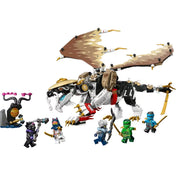 LEGO NINJAGO 71809 Egalt, a sárkánymester készlet: részletesen kidolgozott barna-fehér sárkány hajlékony szárnyakkal és arany díszítéssel, körülötte hat minifigura – köztük Lloyd, Sora, Nya, Cinder, Lord Ras és egy lila ereklyeállvány.