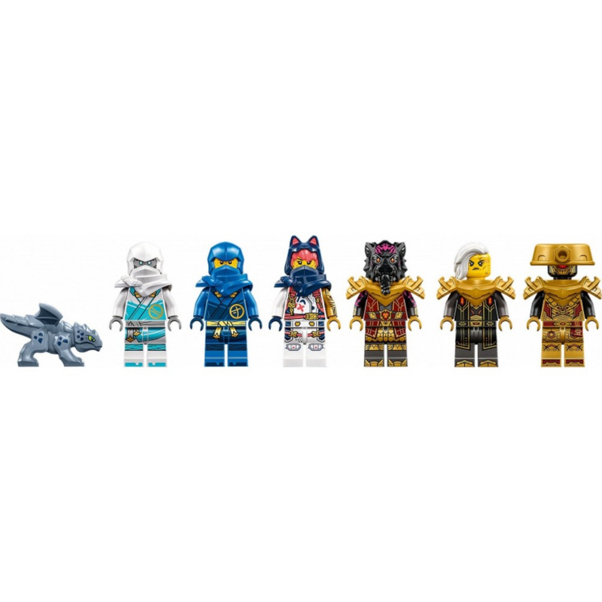 Hat LEGO minifigura és egy kis szürke sárkányfigura áll sorban fehér háttér előtt: Zane fehér, Jay kék, Sora színes páncélban, Lord Ras félelmetes sisakban, Empress Beatrix arany vállvértben és egy arany páncélos robotharcos.