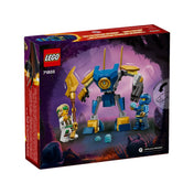 A LEGO NINJAGO Jay robot csatakészlet (71805) dobozának hátoldala, különböző nézetekben bemutatva a robot mozgatható elemeit, játékfunkcióit és a mellékelt figurát.