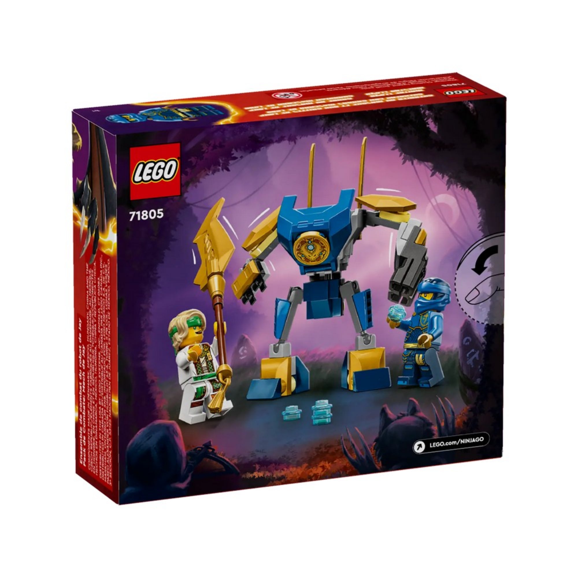 A LEGO NINJAGO Jay robot csatakészlet (71805) dobozának hátoldala, különböző nézetekben bemutatva a robot mozgatható elemeit, játékfunkcióit és a mellékelt figurát.