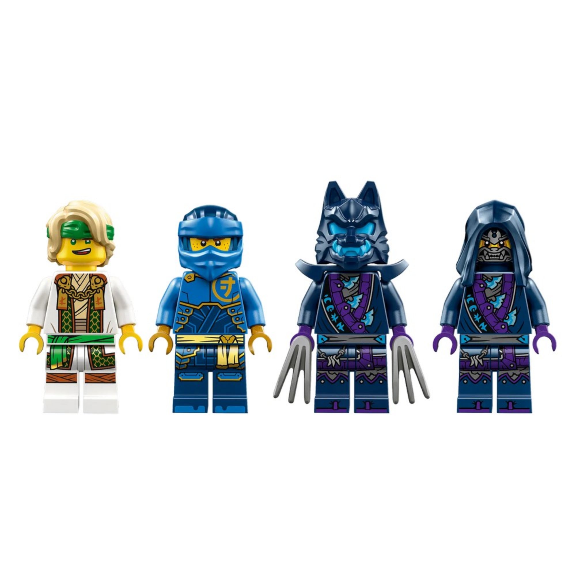 Részlet a LEGO NINJAGO Jay robot csatakészlete (71805) dobozából: közelkép a két mellékelt minifiguráról, Jayről és a szintén kék-arany színekben pompázó harci robotról, részletgazdag páncélzattal és kiegészítő fegyverekkel.