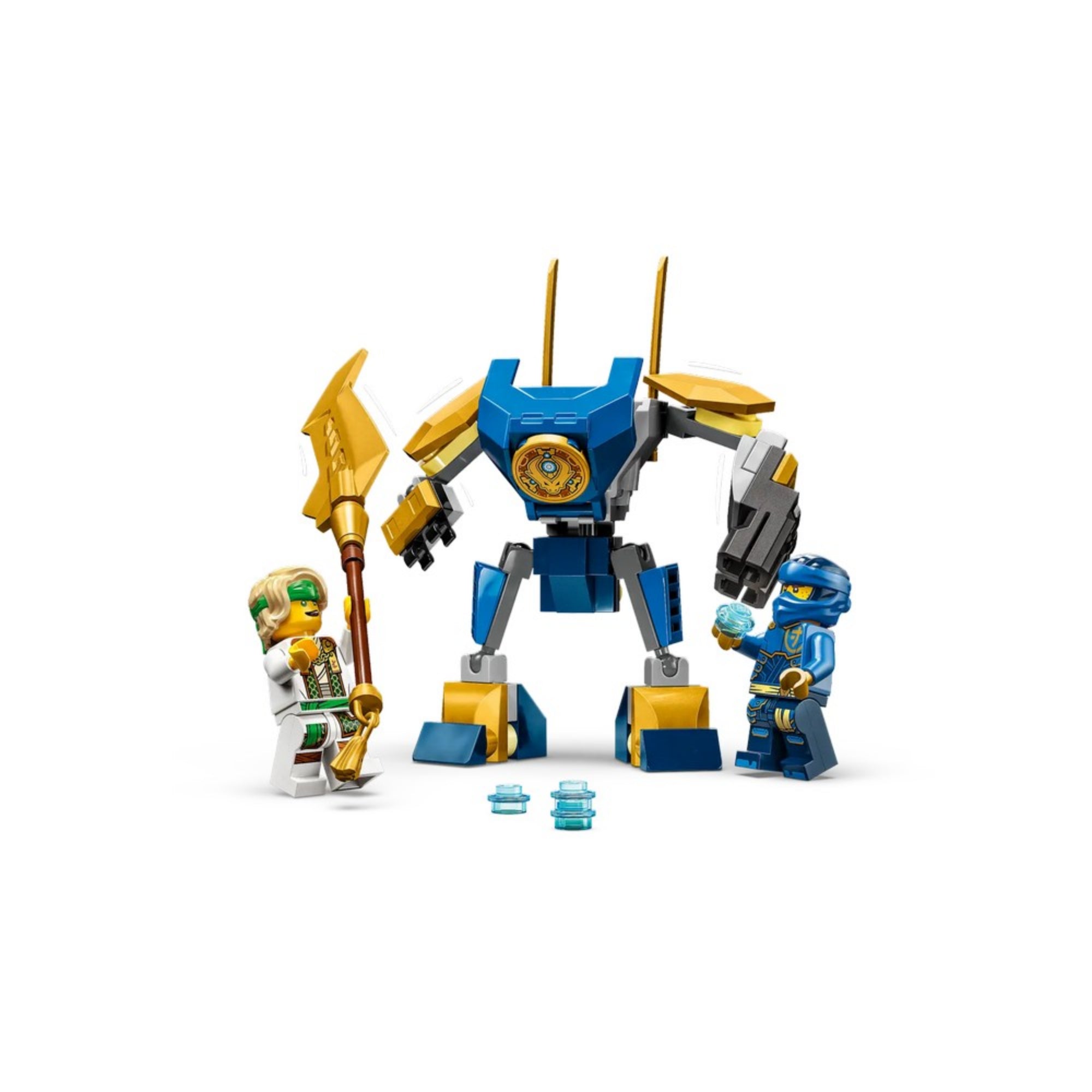 Közelkép a LEGO NINJAGO Jay robot csatakészlet (71805) fő elemeiről: a kék, arany és szürke színekben készült robotkarról, a mozgatható alkatrészekről és a Jay minifiguráról a pilótafülkében.