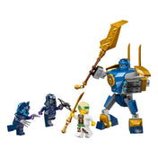 A LEGO NINJAGO Jay robot csatakészlet (71805) teljes tartalma: a teljesen összeépített harci robot, Jay minifigurája és a kis kiegészítő fegyverek egy fehér háttéren, játékra kész állapotban.