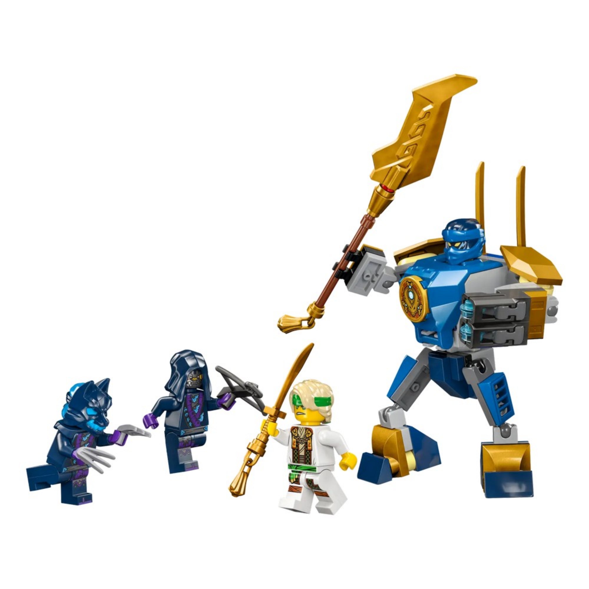 A LEGO NINJAGO Jay robot csatakészlet (71805) teljes tartalma: a teljesen összeépített harci robot, Jay minifigurája és a kis kiegészítő fegyverek egy fehér háttéren, játékra kész állapotban.