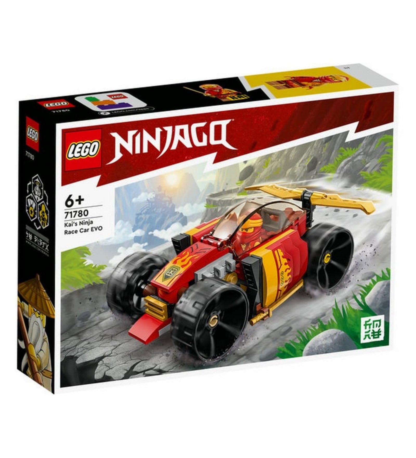 A LEGO NINJAGO 71780-as készlet doboza közelről, rajta Kai nindzsa-versenyautója, háttérben hegyvidéki tájjal.