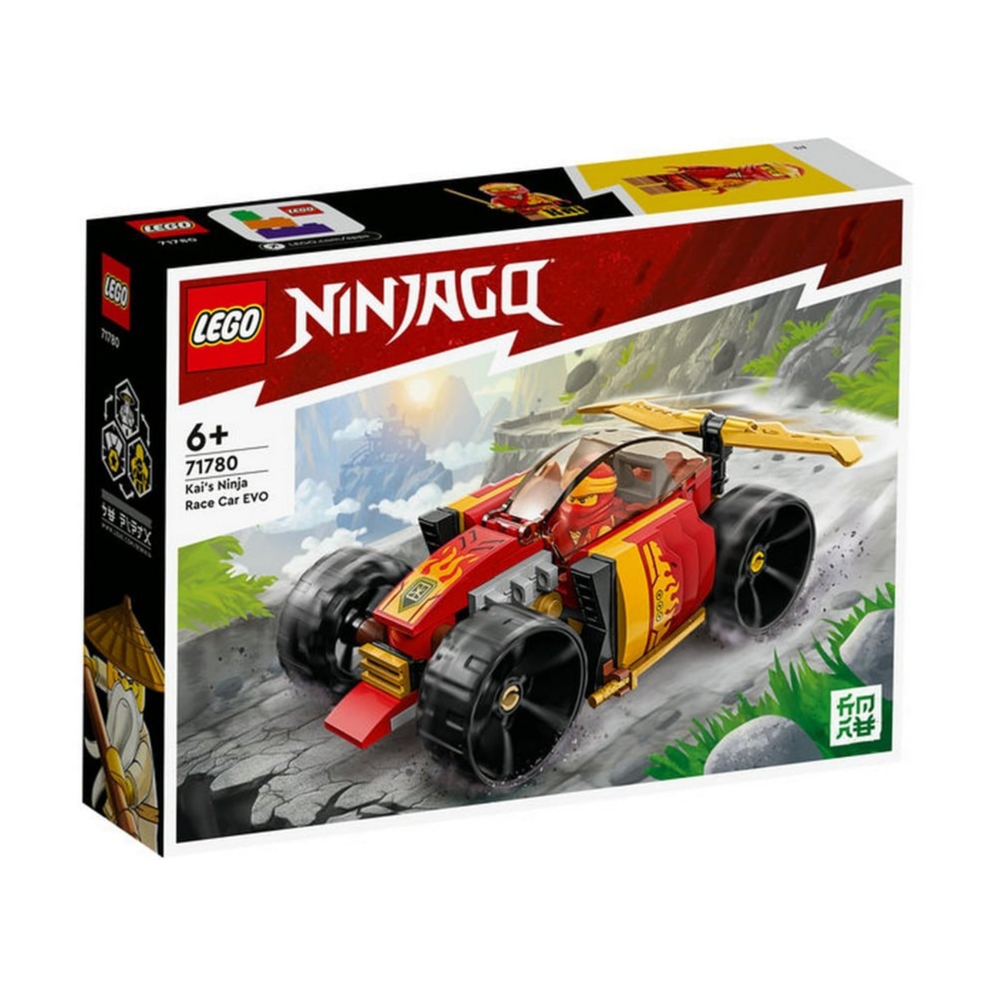 A LEGO NINJAGO 71780-as készlet doboza közelről, rajta Kai nindzsa-versenyautója, háttérben hegyvidéki tájjal.