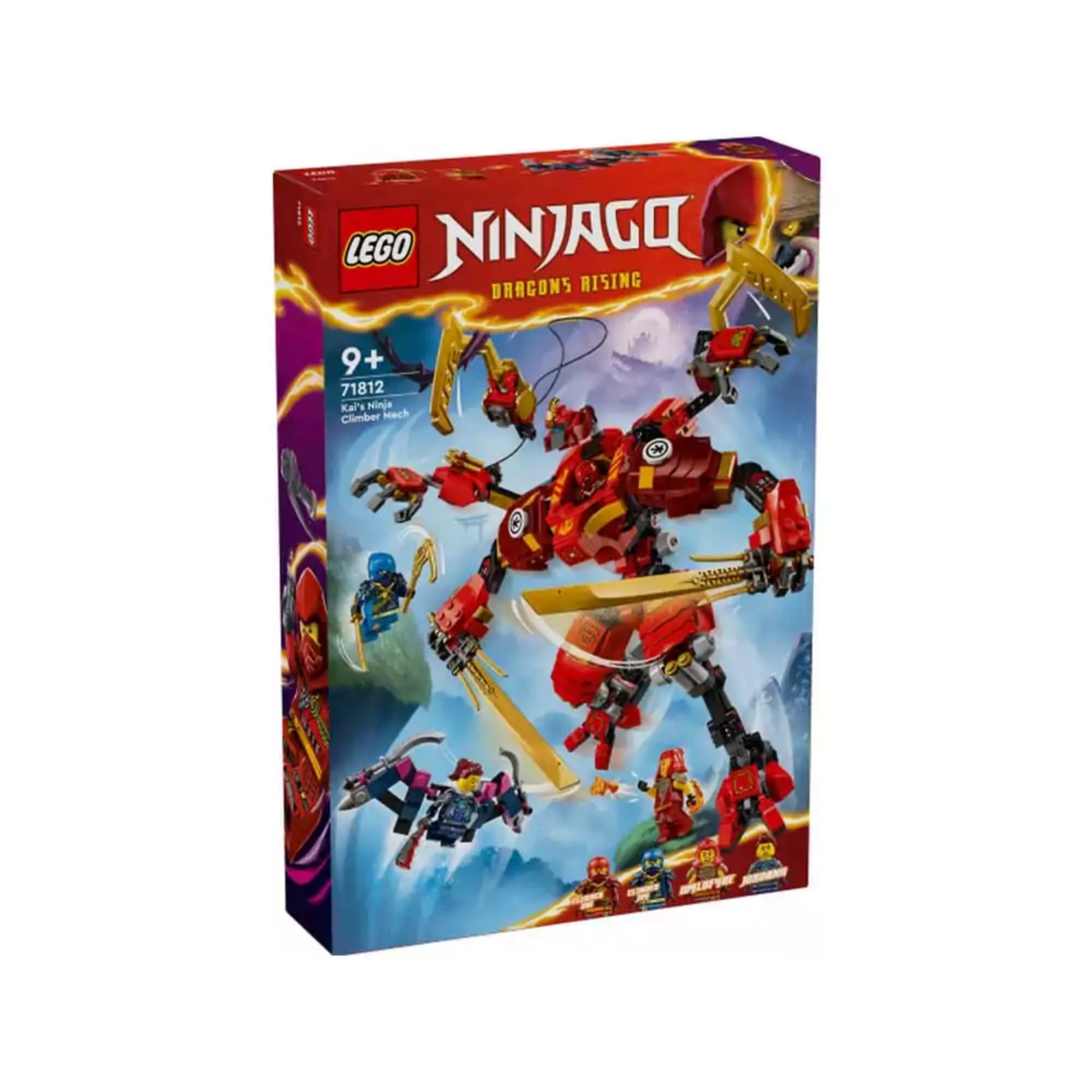 LEGO NINJAGO Kai hegymászó páncélja (71812) készlet színes doboza, amelyen a vörös és arany színű robot harc közben látható, hátterében Kai és Jay minifigurákkal, 9+ korosztályjelzéssel.