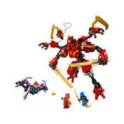 LEGO NINJAGO Kai hegymászó páncélja (71812) teljesen összerakott modellje, hatkarú piros és fekete robot két aranykarddal, Kai és Jay minifigurákkal, valamint két ellenfél figurával akció közben.