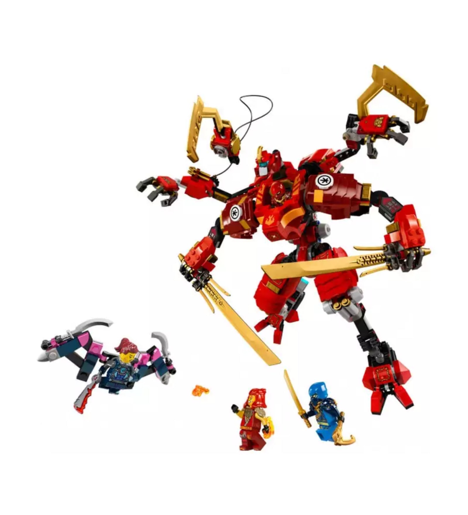 LEGO NINJAGO Kai hegymászó páncélja (71812) teljesen összerakott modellje, hatkarú piros és fekete robot két aranykarddal, Kai és Jay minifigurákkal, valamint két ellenfél figurával akció közben.