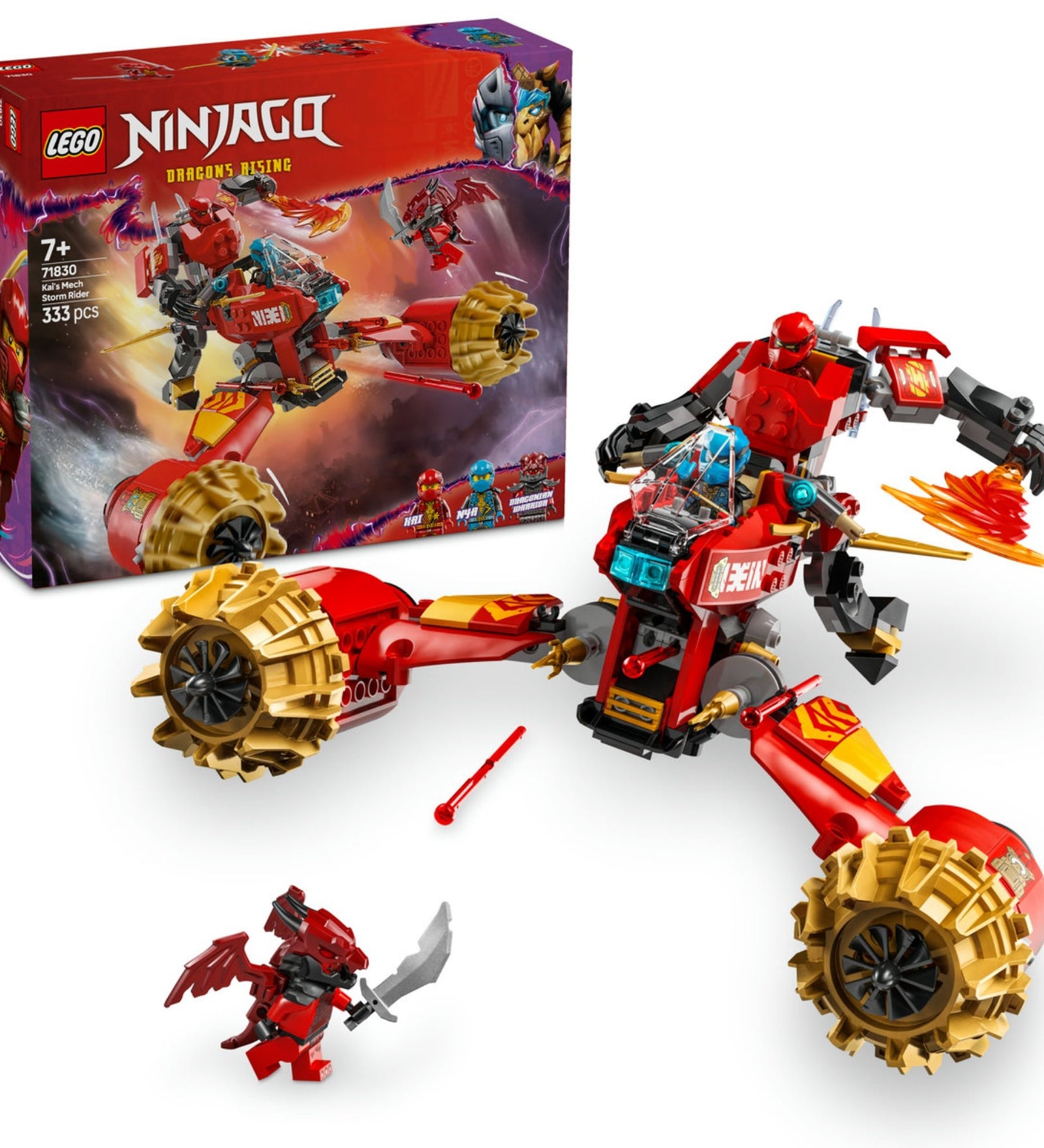 LEGO NINJAGO Kai repülő robotjárműve (71830) kibontott modellje, amely a robotot, a jármű alkatrészeit és a mellékelt minifigurákat mutatja akcióban.