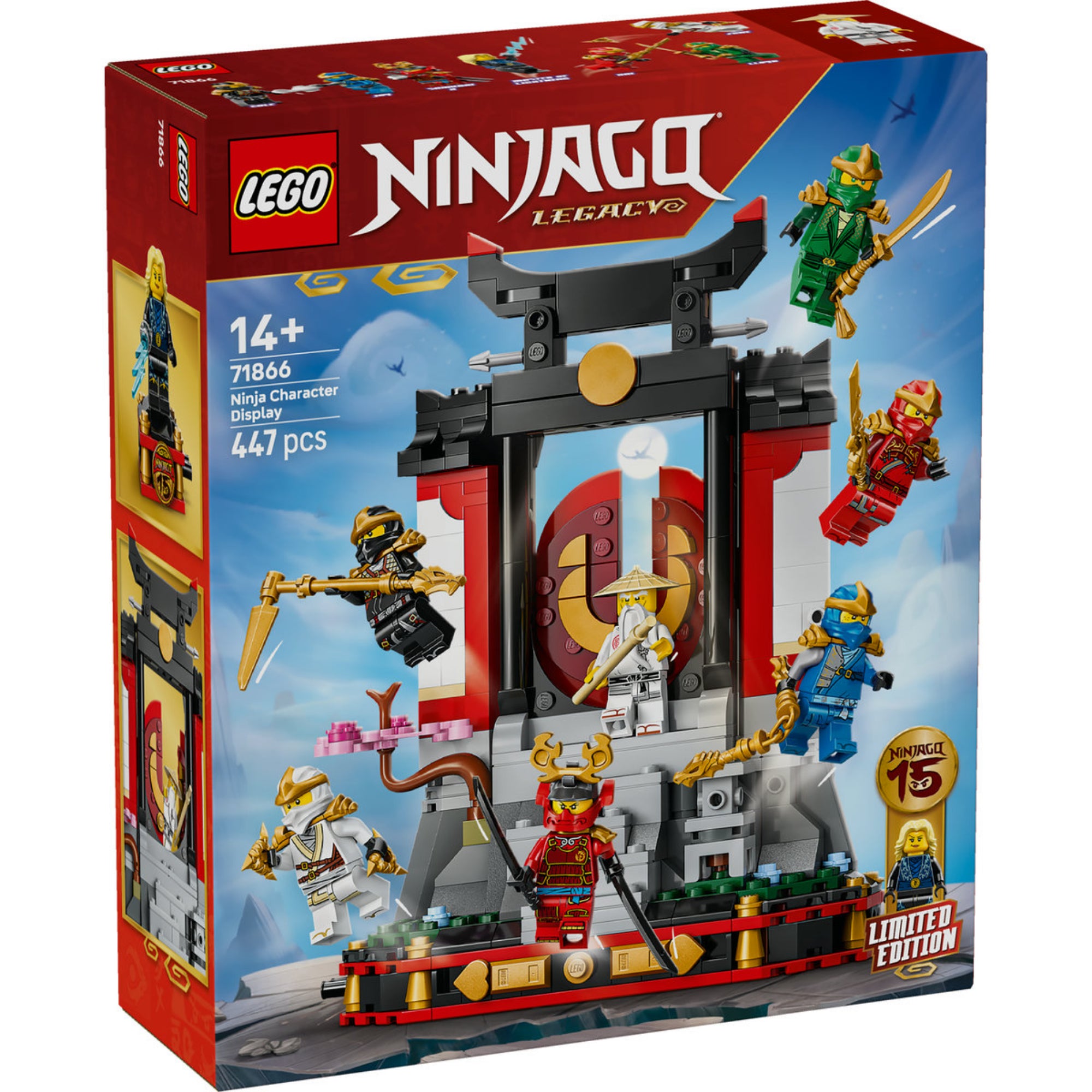 LEGO NINJAGO Legacy Ninja karakter bemutató (71866) dobozkép, a templomszerű bemutatóállvánnyal és több ninja minifigurával.