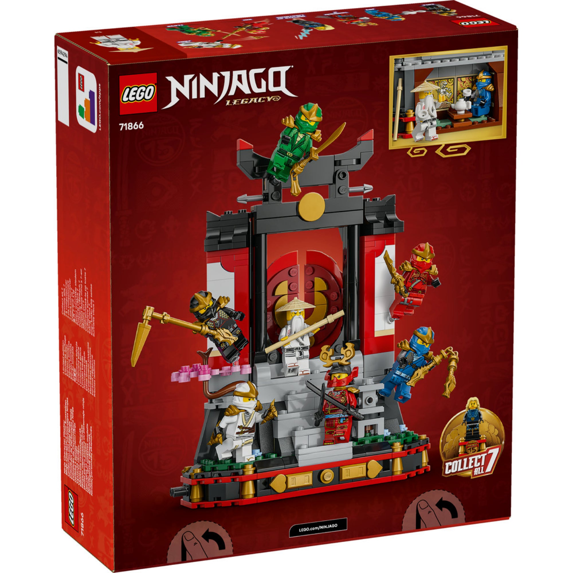 LEGO NINJAGO Legacy Ninja karakter bemutató (71866) doboz hátoldala, a megépített kiállítási modell részleteivel és figuráival.