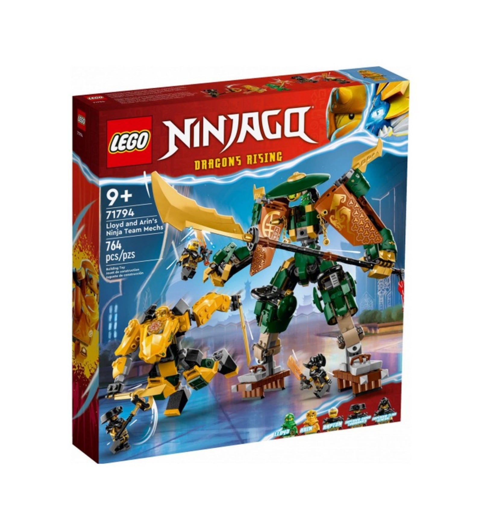 LEGO NINJAGO 71794 szett doboza – Lloyd és Arin robotjai a borítón akció közben, 764 darabos készlet, 9 éves kortól ajánlott.