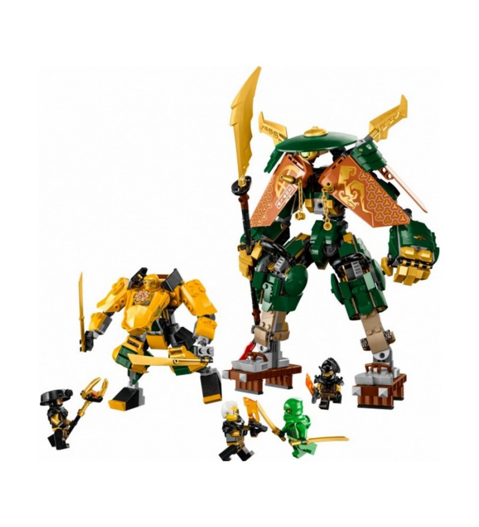 LEGO NINJAGO Lloyd és Arin nindzsacsapatának robotjai (71794) – a teljes játékkészlet: két összeépíthető robot, valamint öt minifigura: Lloyd, Arin, Imperium karomharcos, Imperium őrparancsnok és Rapton.