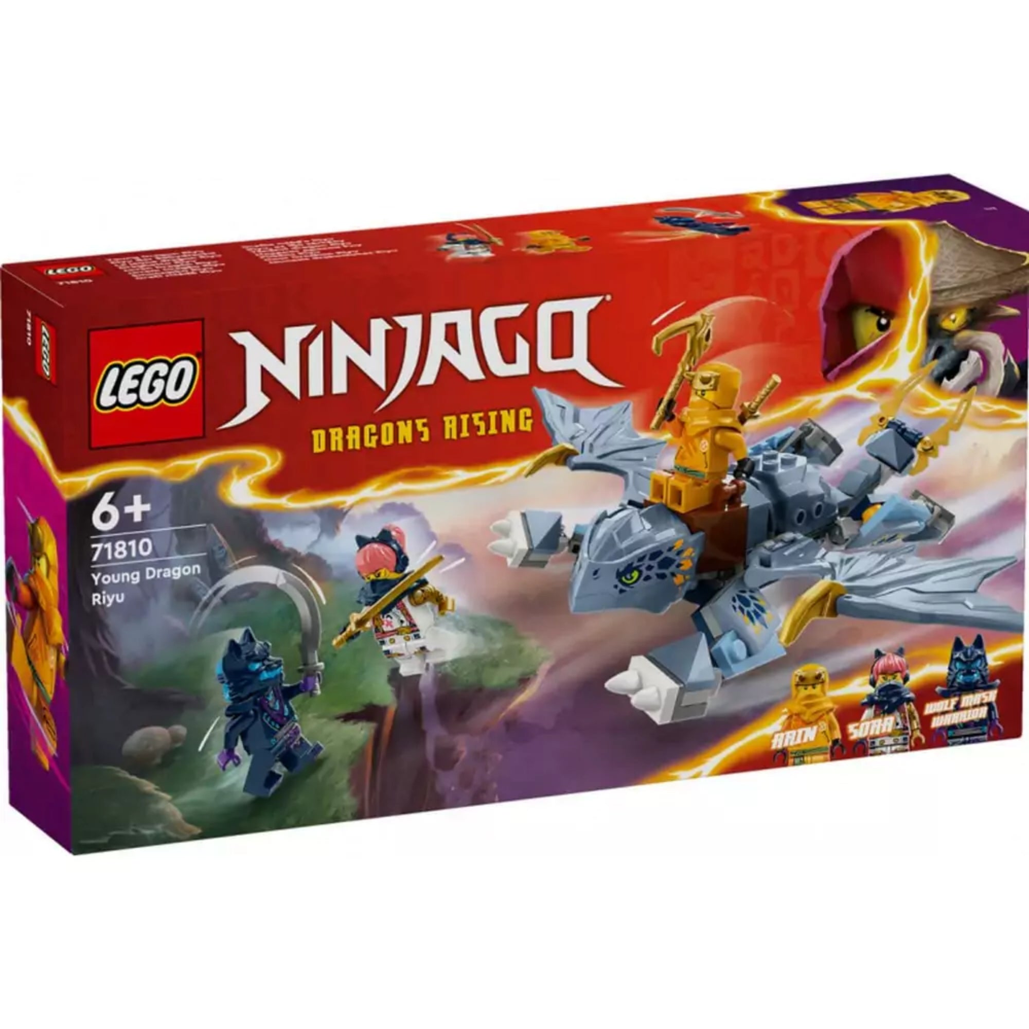 LEGO NINJAGO 71810 Riyu, az ifjú sárkány szett látványos doboza, amelyen Arin a hátán ülő fiatal sárkányon repül, Sora és farkas harcosokkal kiegészítve.