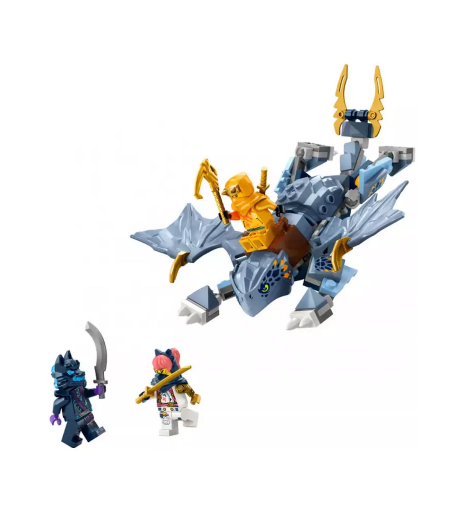 LEGO NINJAGO 71810 Riyu, az ifjú sárkány szett tartalma: részletesen kidolgozott szürke-kék sárkány Arinnal a hátán, valamint Sora és egy farkas harcos minifigura.