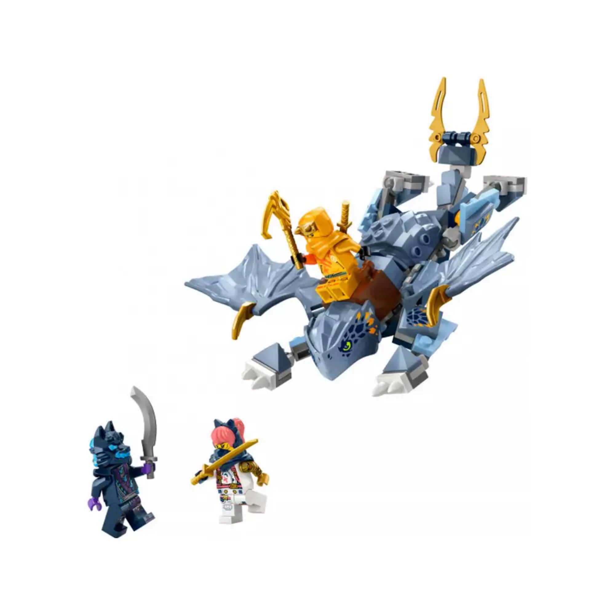 LEGO NINJAGO 71810 Riyu, az ifjú sárkány szett tartalma: részletesen kidolgozott szürke-kék sárkány Arinnal a hátán, valamint Sora és egy farkas harcos minifigura.