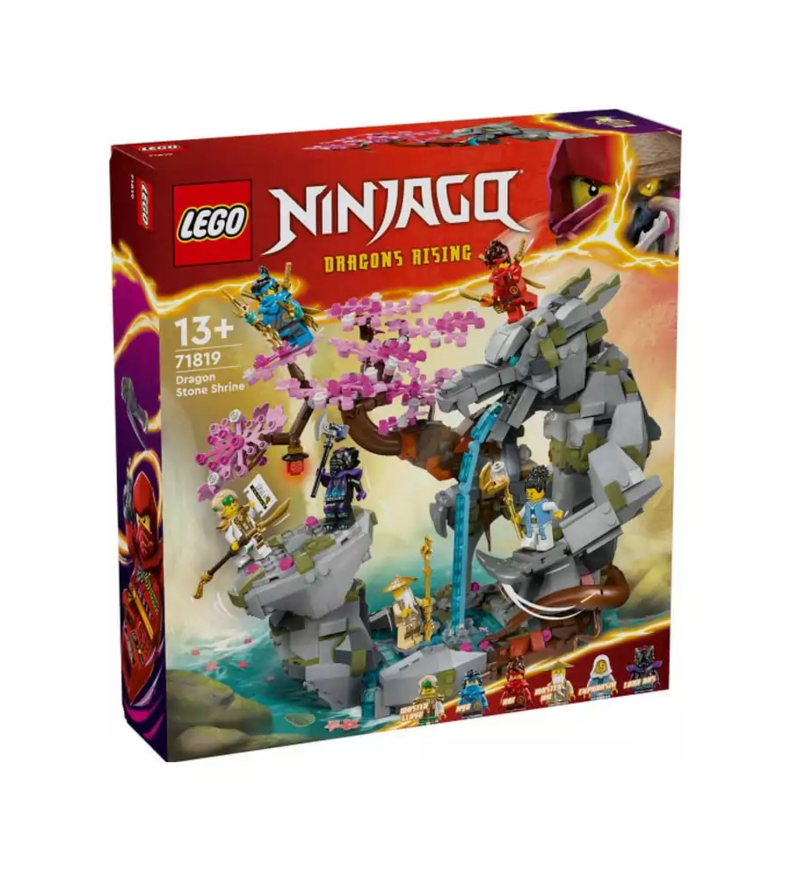 LEGO NINJAGO Sárkánykő szentély (71819) készlet színes, ferde nézetű doboza, amelyen hat minifigura és a rózsaszín virágos szentély sziklás építménye látható a háttérben.
