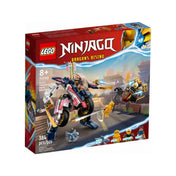 A LEGO NINJAGO 71792 doboza, rajta Sora átalakítható motorja akció közben, három minifigurával: Sora, Rapton és Arin, valamint egy kék sárkánybébi.