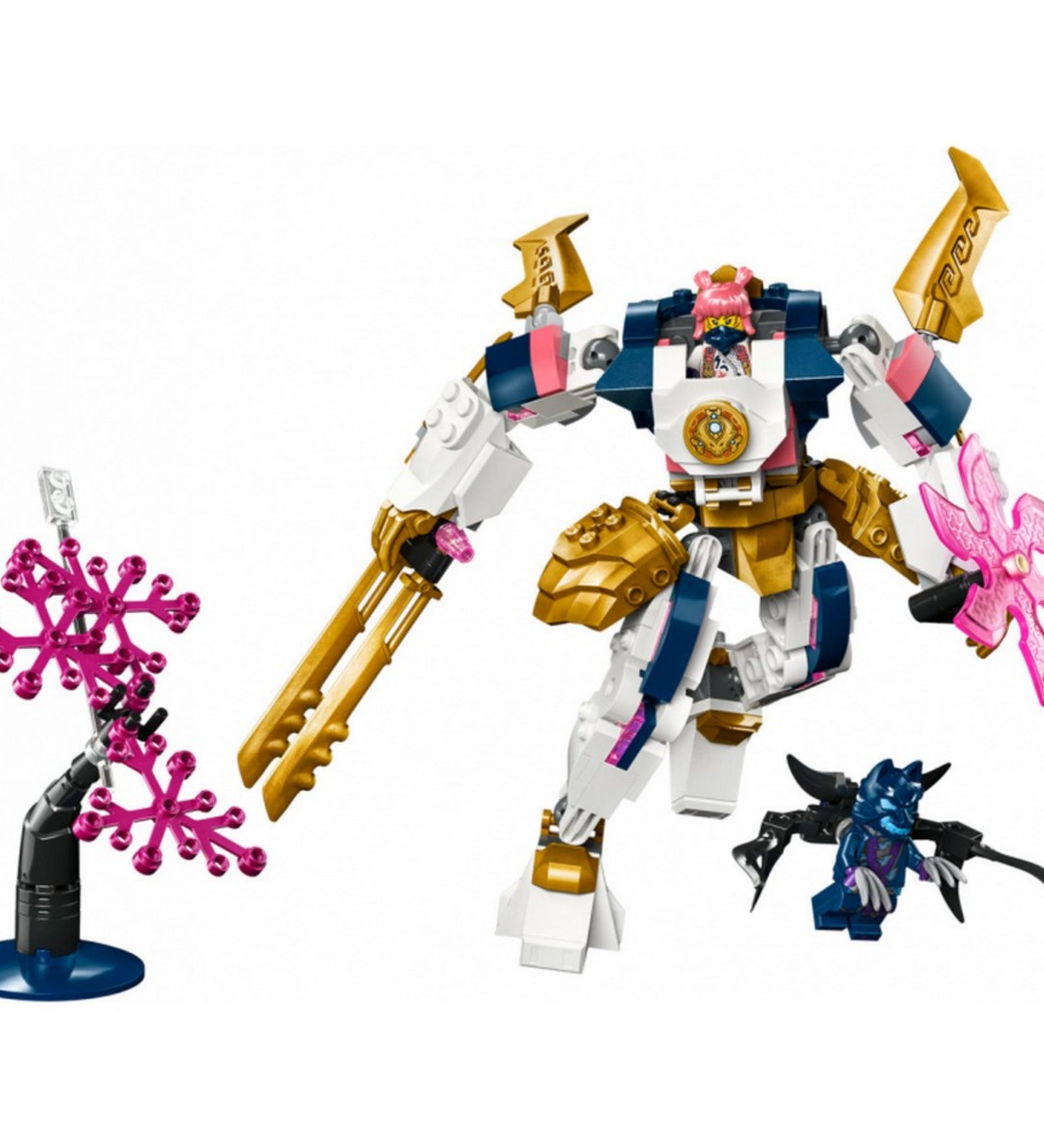 Sora elemi csúcsrobotja (71807) teljes LEGO NINJAGO készlet: fehér, arany és rózsaszín robot egy arany pengével, lila nindzsaellenféllel és rózsaszín fa elemmel.