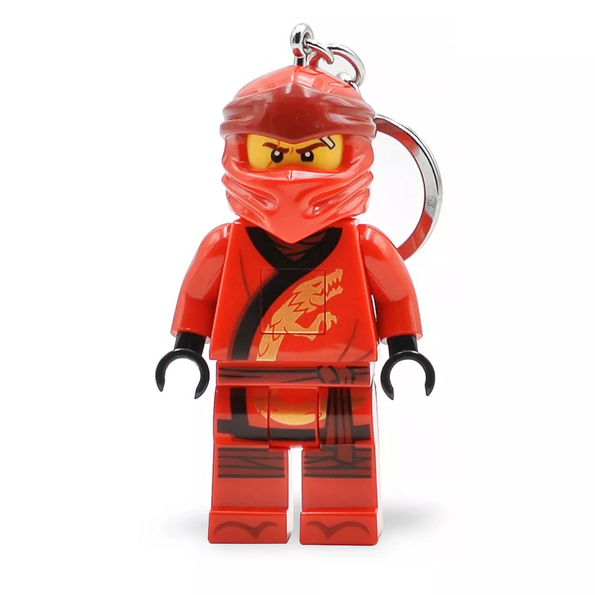A LEGO Ninjago Kai világítós kulcstartó részletesen bemutatva: a karakter piros nindzsa ruhája, sárga arca és határozott arckifejezése jól látható.