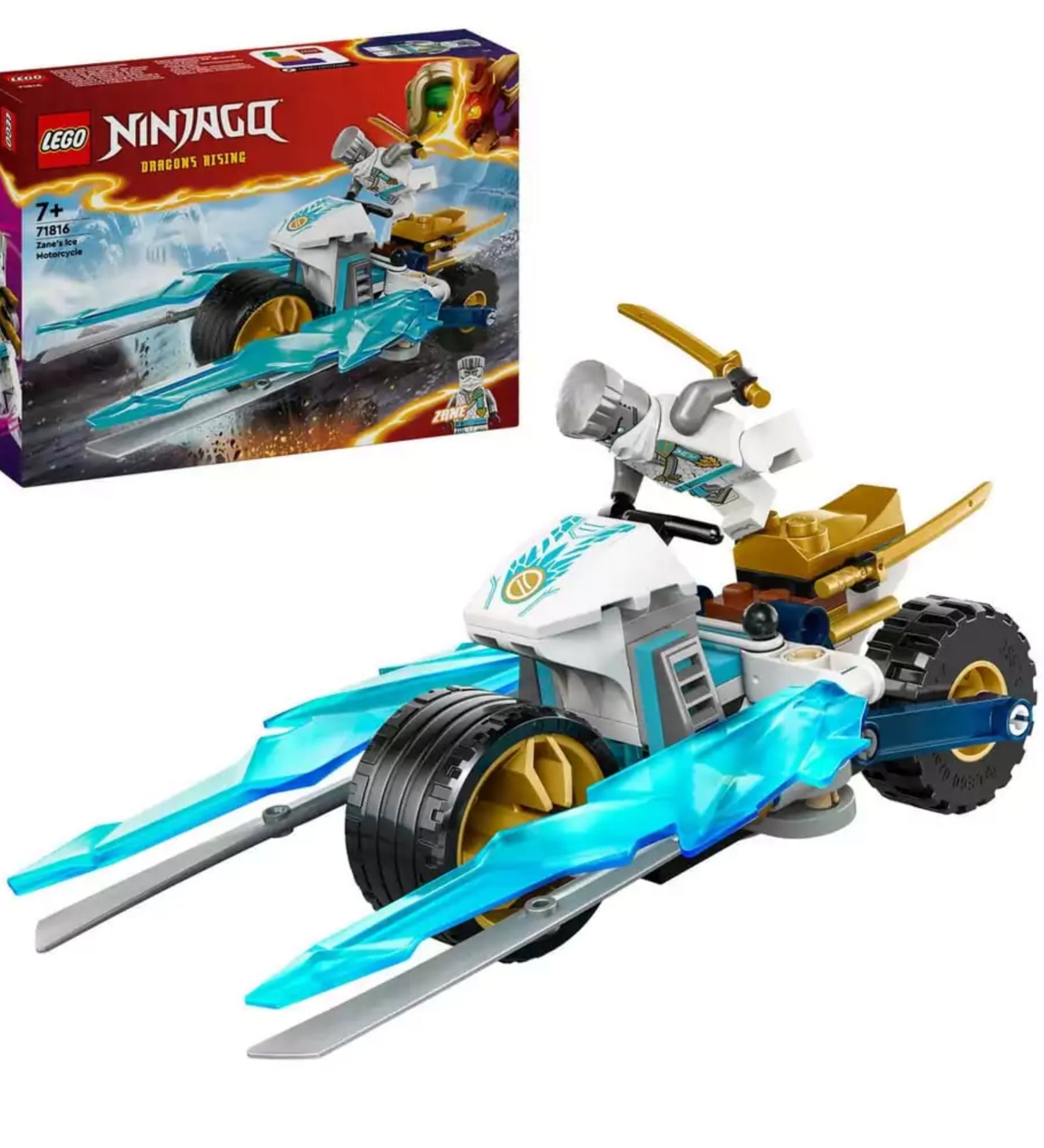 LEGO NINJAGO Zane jégmotorja (71816) készlet, az előtérben a fehér, arany és jégkék elemekkel díszített motorral, a háttérben a piros színű, látványos dobozképpel.