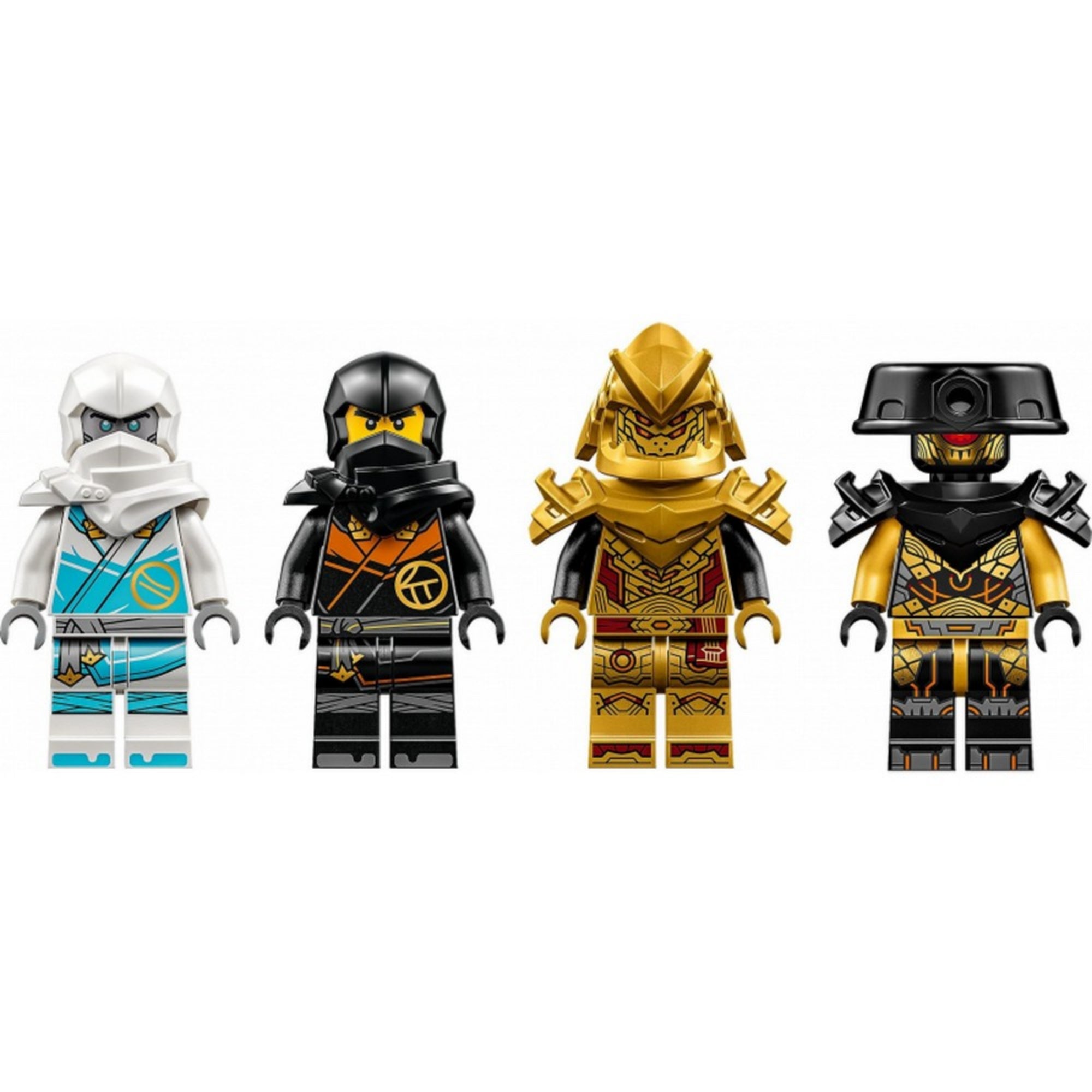 A LEGO NINJAGO 71791-es készlet négy minifigurája: Zane, Cole és két arany-fekete páncélos gonosztevő, részletes nyomtatással és harci felszereléssel.