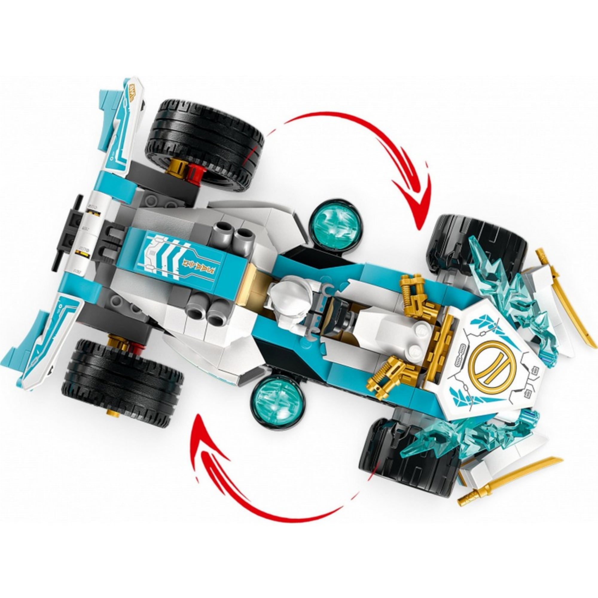A LEGO NINJAGO versenyautó felülnézeti képe, amely a jármű forgatható kerekmechanikáját szemlélteti piros nyilakkal.